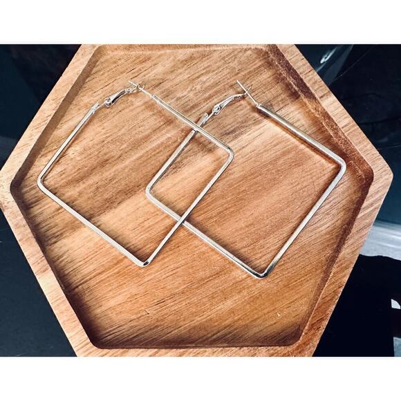 Minimalist Square “Hoop” Silver Tone Earrings - Picture 1 of 5